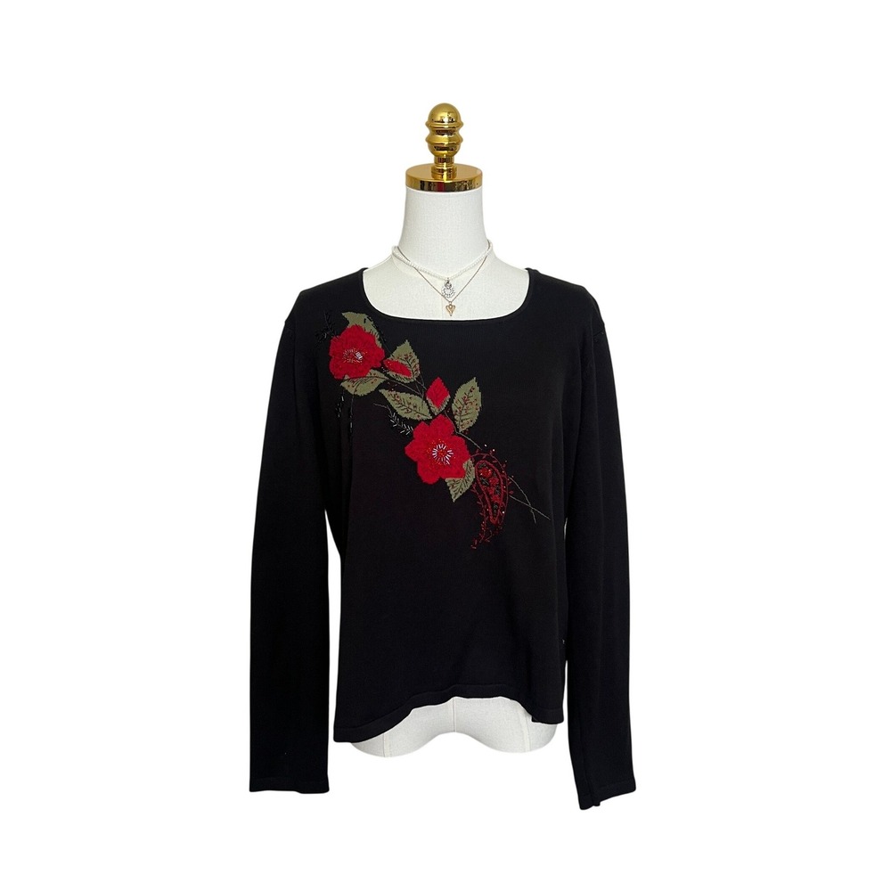 Emma James Liz Claiborne‎ Black Floral Beaded Knit Sweater Womens XL Red Flowers